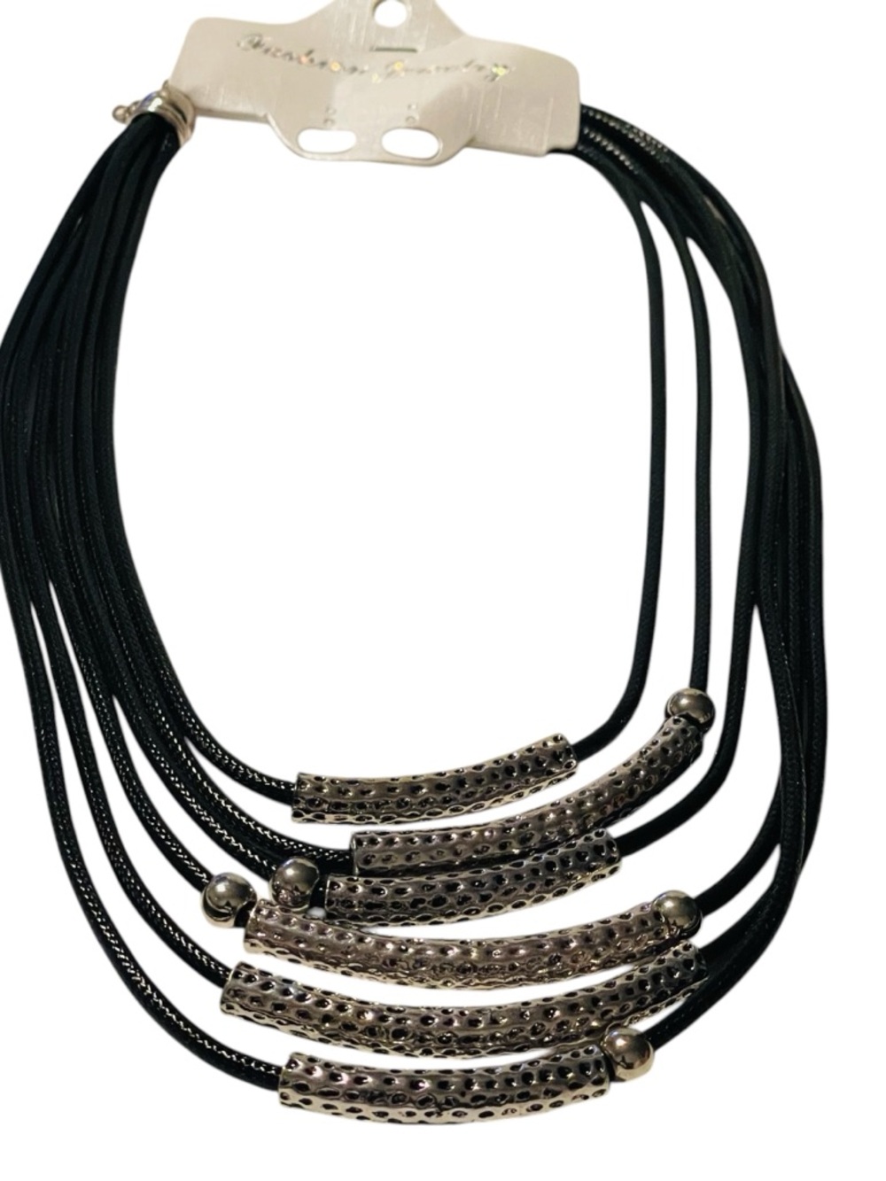 Fashion Jewelry Black Multi-Strand Necklace with Textured Silver Bars
